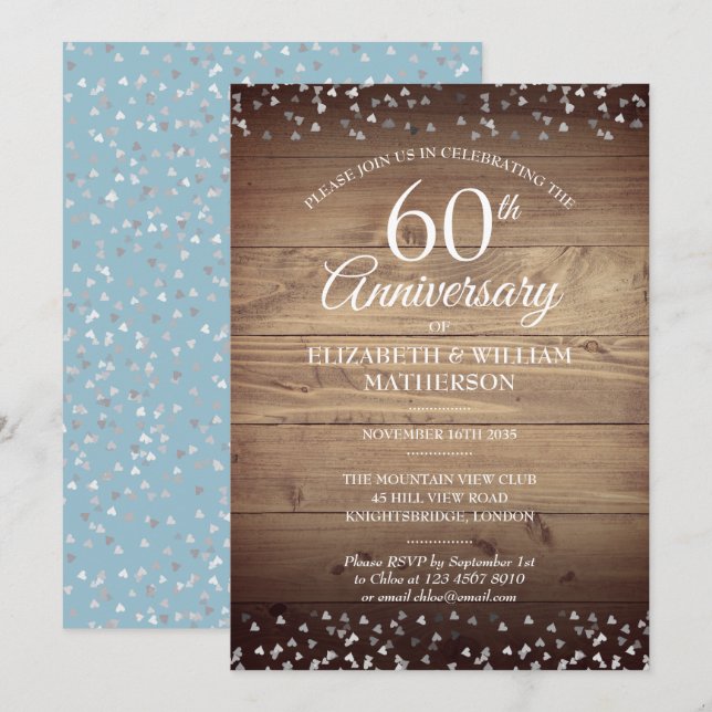 60th Anniversary Love Hearts Confetti Rustic Wood Invitation (Front/Back)