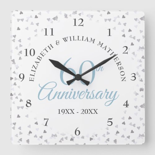 60th Anniversary Love Hearts Confetti Square Wall Clock