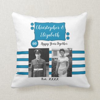 60th Anniversary names photos white blue Throw Pillow