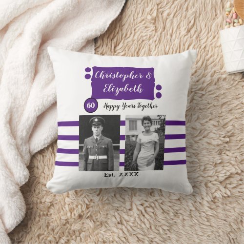 60th Anniversary names photos white purple Throw Pillow