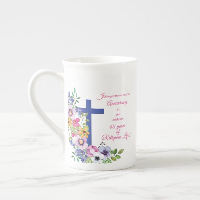 60th Anniversary, Nun, Religious Life Cross Bone China Mug (Left)