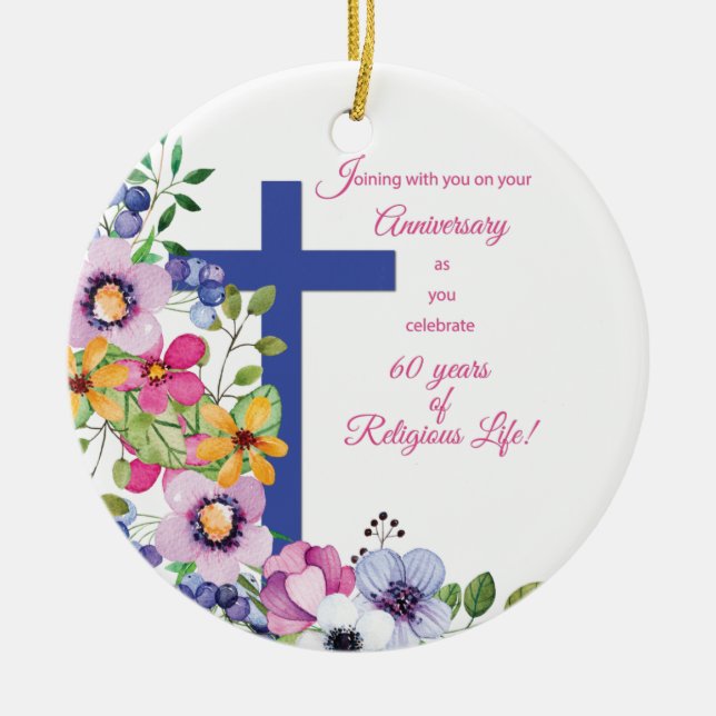 60th Anniversary, Nun, Religious Life Cross Ceramic Ornament (Front)