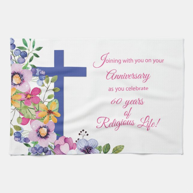 60th Anniversary, Nun, Religious Life Cross Kitchen Towel (Horizontal)