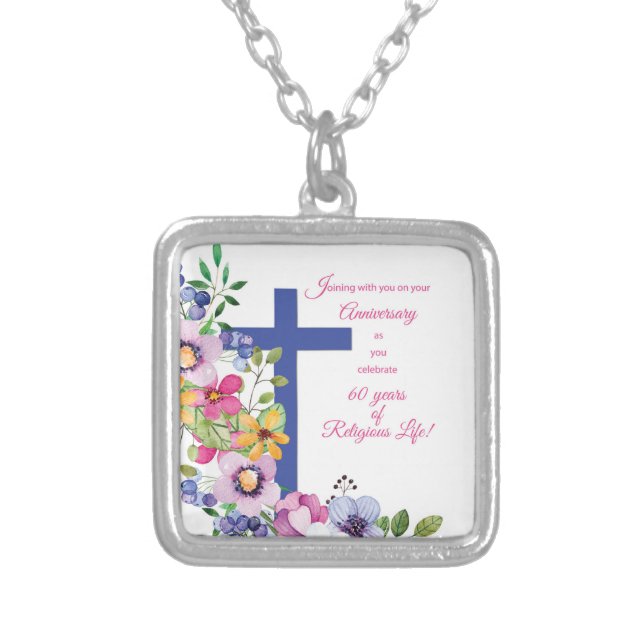 60th Anniversary, Nun, Religious Life Cross Silver Plated Necklace (Front)