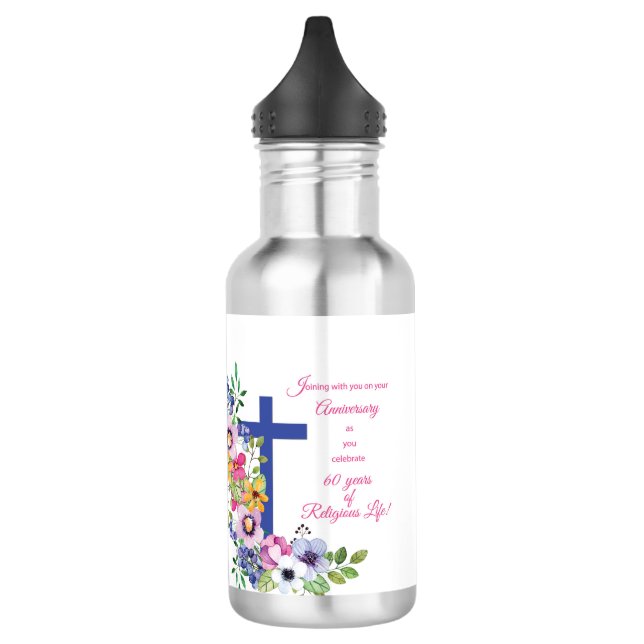 60th Anniversary, Nun, Religious Life Cross Stainless Steel Water Bottle (Left)