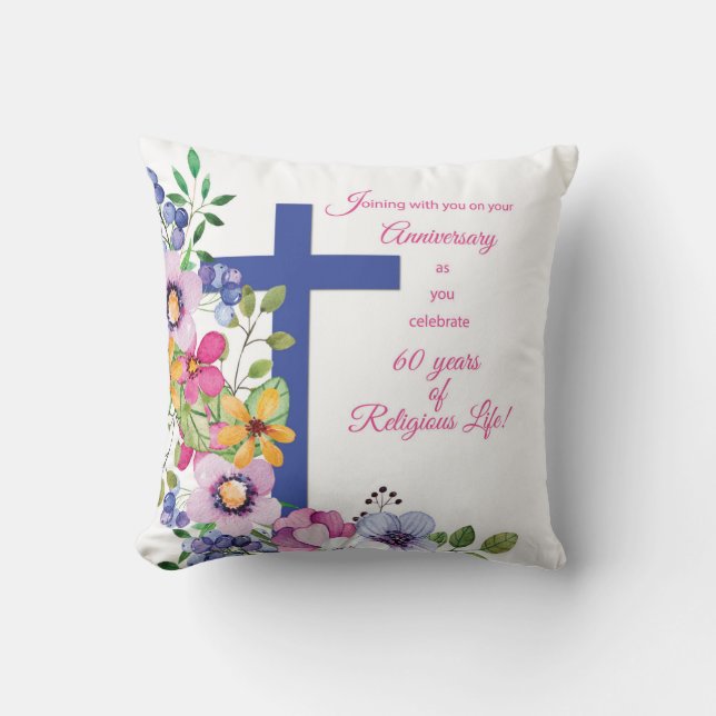 60th Anniversary, Nun, Religious Life Cross Throw Pillow (Front)