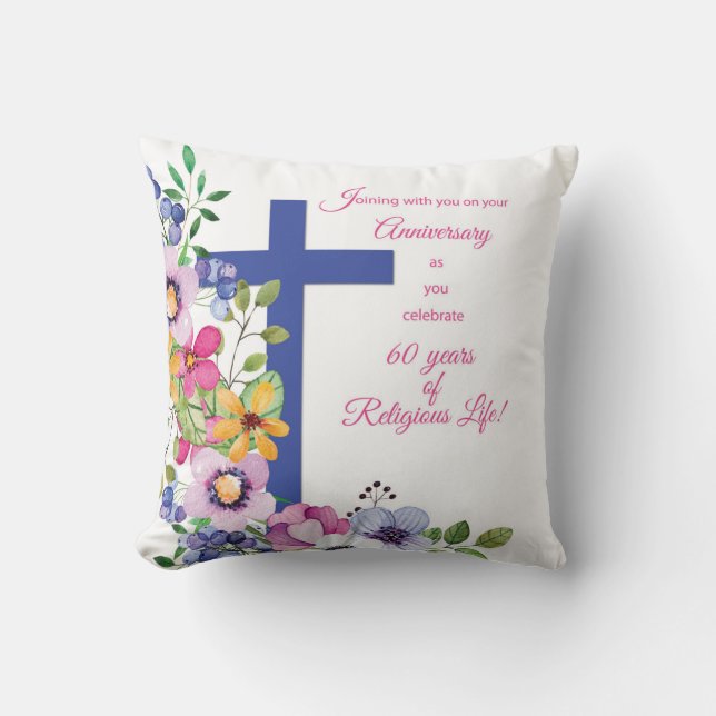 60th Anniversary, Nun, Religious Life Cross Throw Pillow (Front)