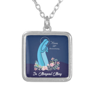60th Anniversary of Religious Life Nun Pink Flower Silver Plated Necklace
