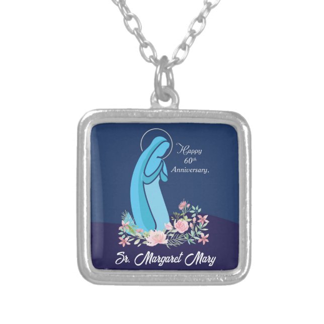 60th Anniversary of Religious Life Nun Pink Flower Silver Plated Necklace (Front)