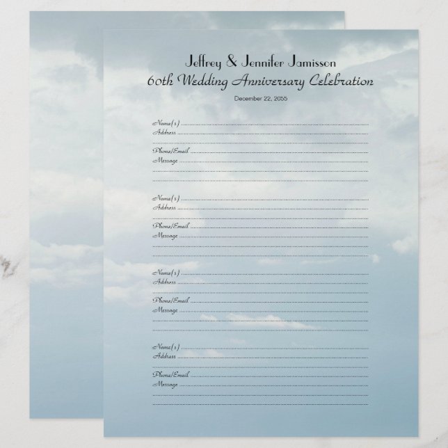 60th Anniversary Party Guest Book Sign-In Page (Front/Back)