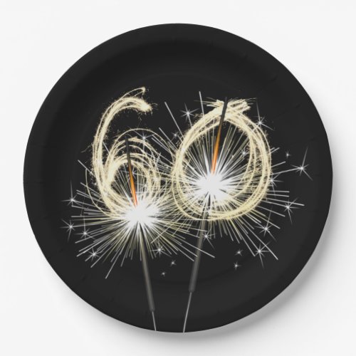 60th Anniversary Party Sparklers on Black   Paper Plates