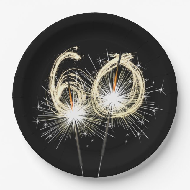 60th Anniversary Party Sparklers on Black   Paper Plates (Front)