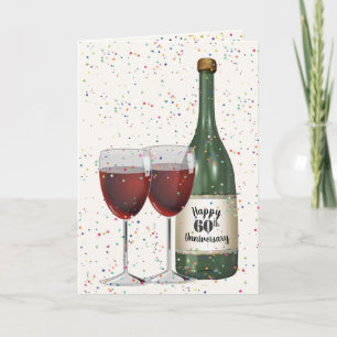 60th Anniversary Party Wine Bottle and Two Glasses Card