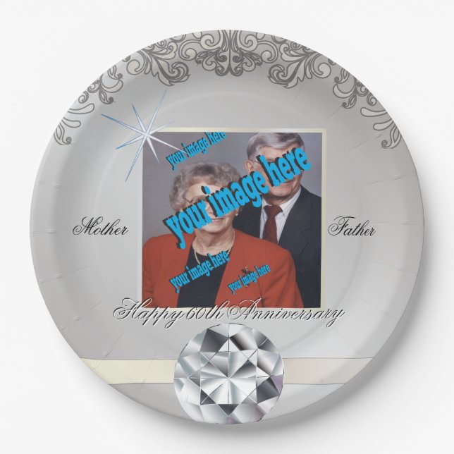 60th Anniversary Personalized Diamond Monogram  Paper Plates (Front)