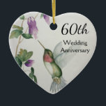 60th Anniversary Pretty Bird Flowers Heart Ceramic Ornament<br><div class="desc">Celebrate the 60th anniversary for a special couple with a pretty hummingbird and flower design on heart ornament. The stylish colors of cream,  pink grey and teal green were created from my original watercolor painting. Personalize the back of the heart for the milestone celebration.</div>