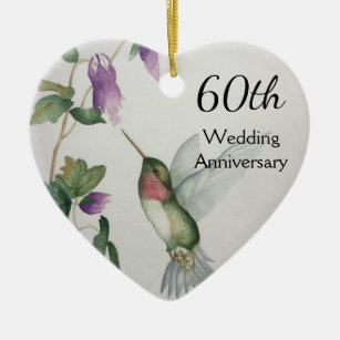 60th Anniversary Pretty Bird Flowers Heart Ceramic Ornament