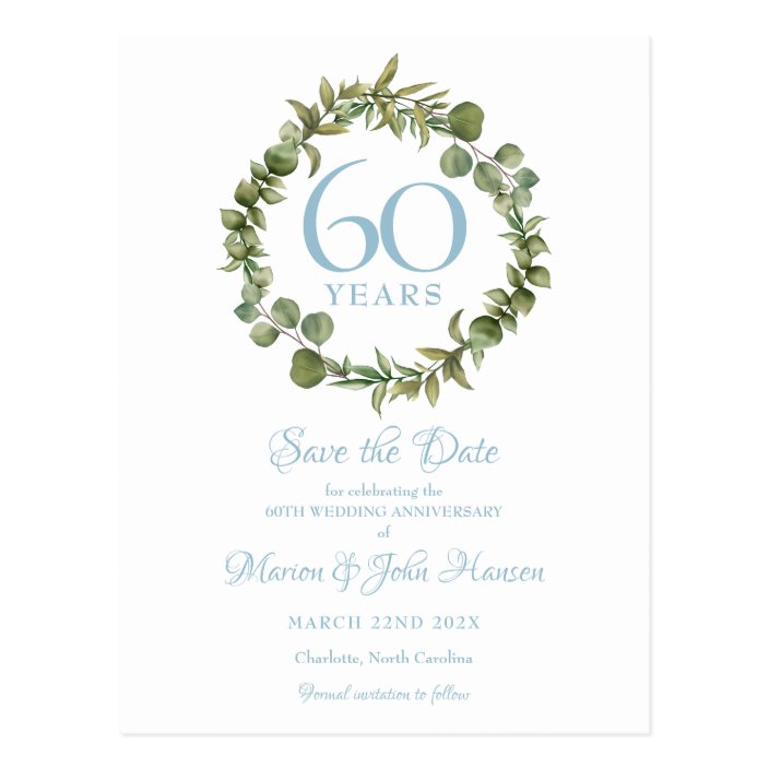 60th Anniversary Save the Date Greenery Floral Postcard | Zazzle.com