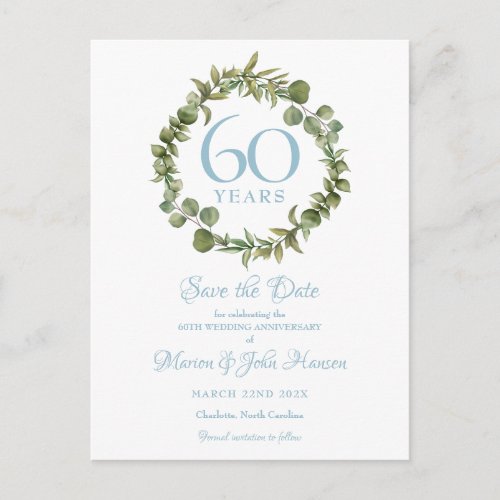 60th Anniversary Save the Date Greenery Garland Announcement Postcard