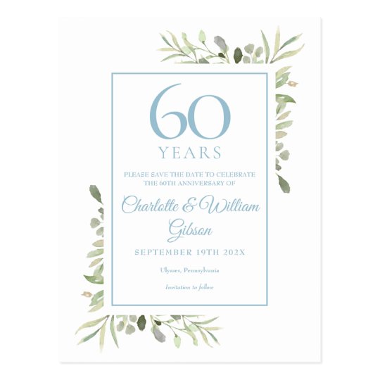 60th Anniversary Save the Date Greenery Postcard | Zazzle.com