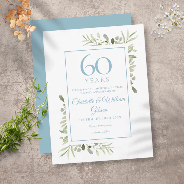 60th Anniversary Save The Date Greenery Postcard 