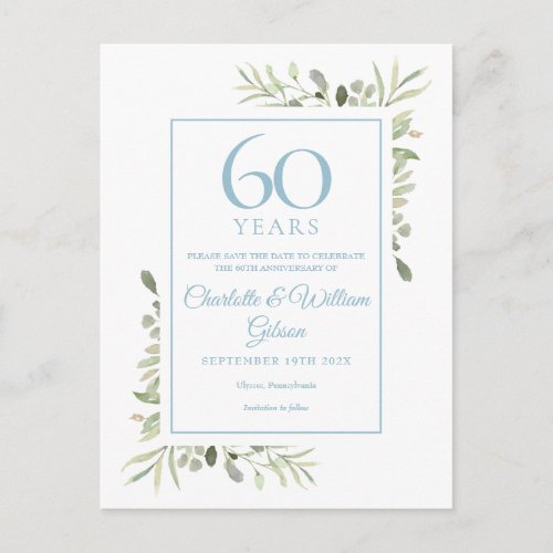 60th Anniversary Save the Date Watercolour Floral Announcement Postcard