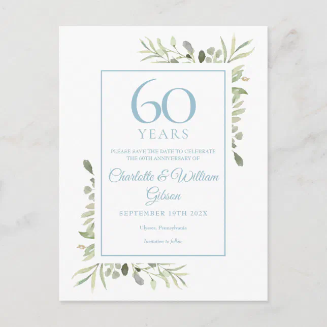 60th Anniversary Save the Date Watercolour Floral Announcement Postcard ...