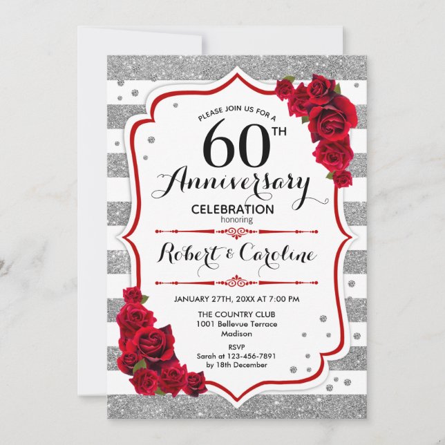 60th Anniversary - Silver White Red Roses Invitation (Front)