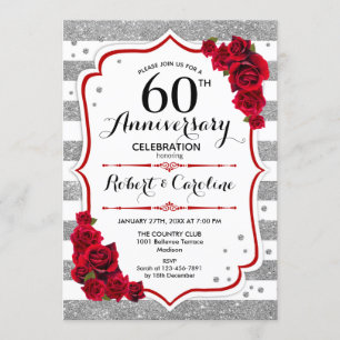 60th Anniversary - Silver White Red Roses Invitation
