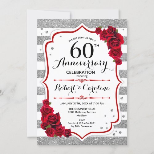 60th Anniversary _ Silver White Red Roses Invitation