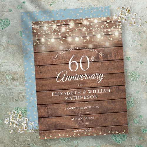 60th Anniversary String Lights Wood Save the Date Announcement Postcard