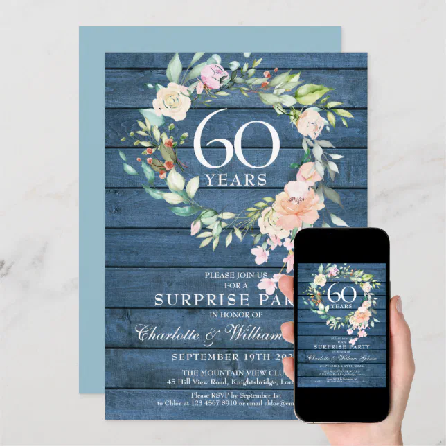 60th Anniversary Surprise Party Floral Blue Rustic Invitation | Zazzle