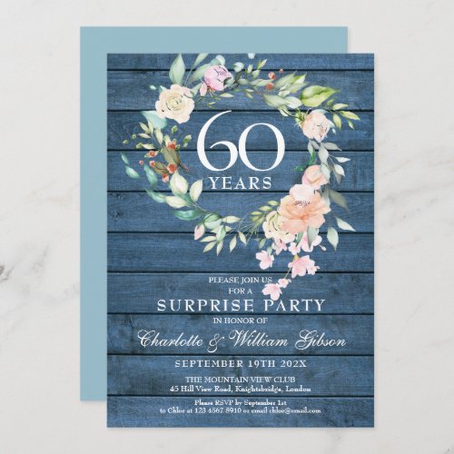 60th Anniversary Surprise Party Floral Blue Rustic Invitation