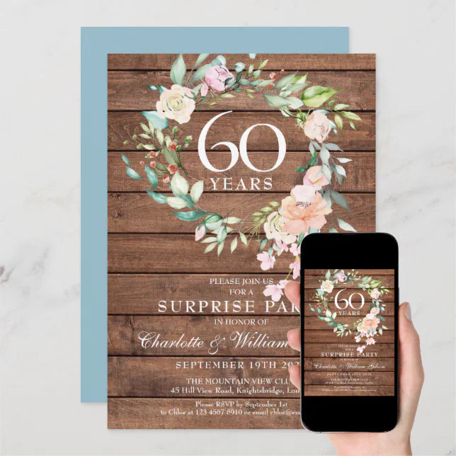 60th Anniversary Surprise Party Floral Rustic Wood Invitation 