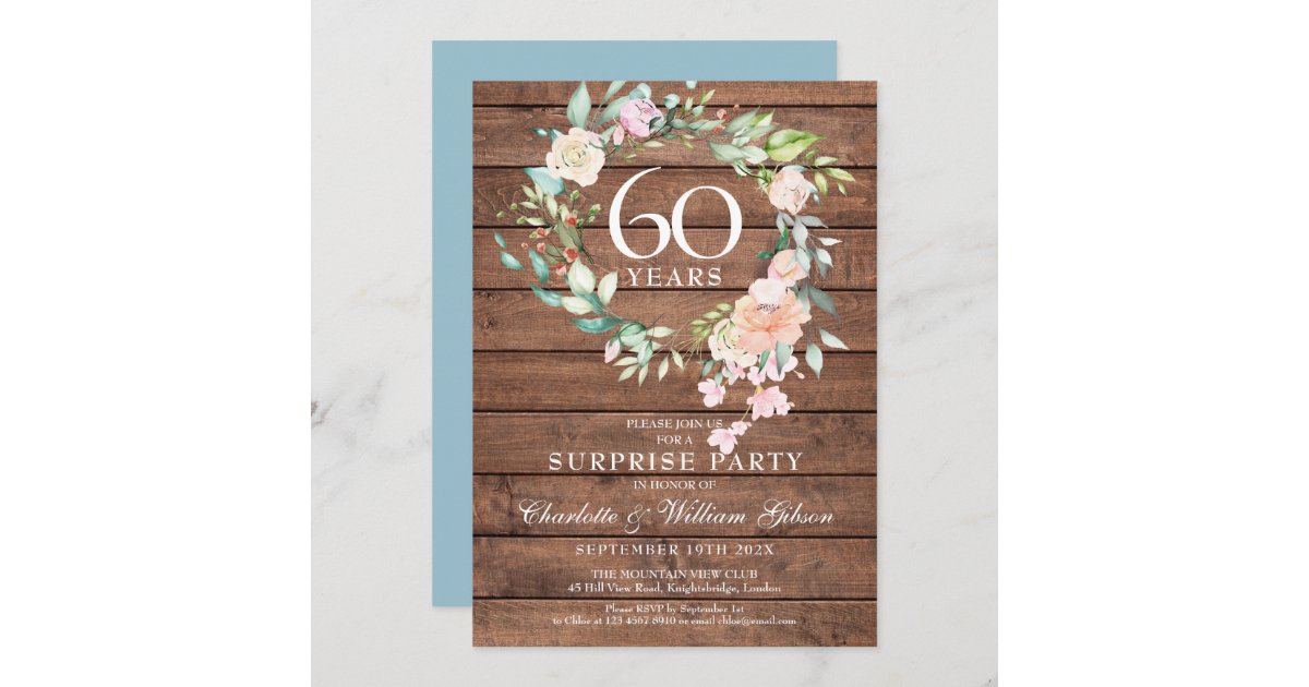 60th Anniversary Surprise Party Floral Rustic Wood Invitation | Zazzle