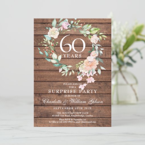 60th Anniversary Surprise Party Floral Rustic Wood Invitation | Zazzle