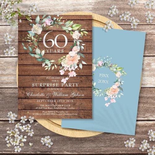 60th Anniversary Surprise Party Floral Rustic Wood Invitation