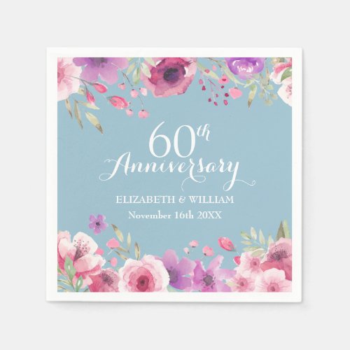 60th Anniversary Watercolour Country Roses Floral Napkins