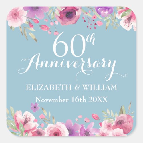 60th Anniversary Watercolour Country Roses Square Sticker