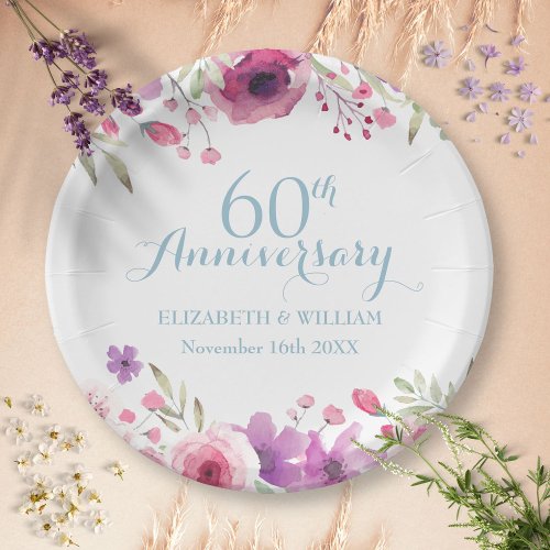 60th Anniversary Watercolour Roses Greenery Paper Plates