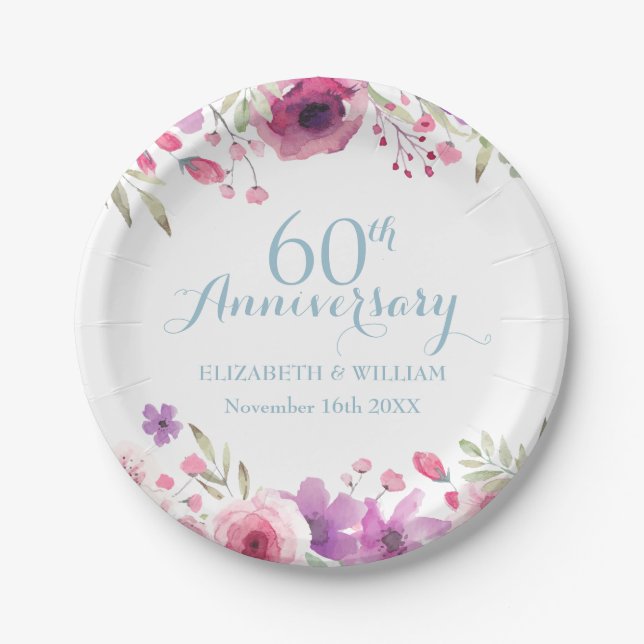60th Anniversary Watercolour Roses Greenery Paper Plates (Front)