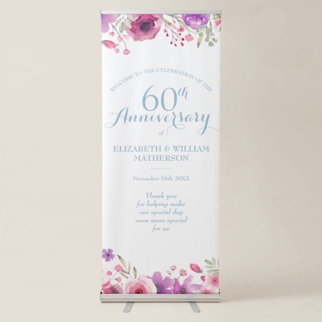 60th Anniversary Watercolour Roses Welcome Retractable Banner (Front)