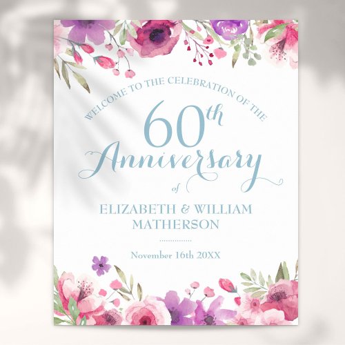 60th Anniversary Watercolour Roses Welcome Sign