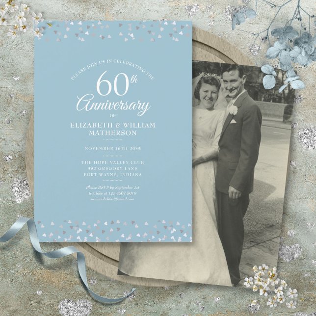 60th Anniversary Wedding Photo Hearts Confetti Invitation (60th Anniversary Wedding Photo Hearts Confetti Invitation)