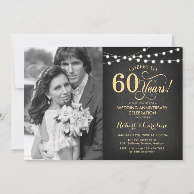 60th Anniversary with Photo - Chalkboard and Gold Invitation (Front)