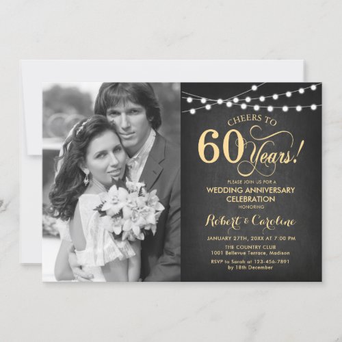 60th Anniversary with Photo _ Chalkboard and Gold Invitation