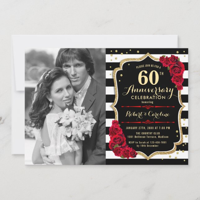 60th Anniversary with Photo - Gold Black Red Invitation (Front)