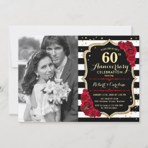60th Anniversary with Photo - Gold Black Red Invitation