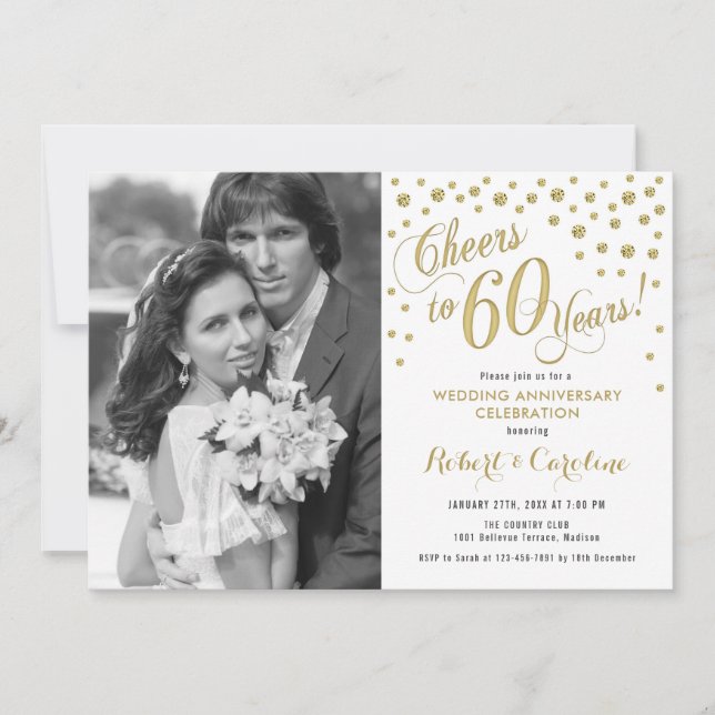 60th Anniversary with Photo - Gold White Invitation (Front)