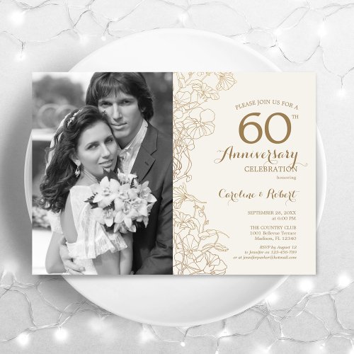 60th Anniversary With Photo _ Ivory Gold Floral Invitation