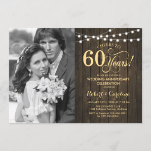 60th Anniversary with Photo - Rustic Wood Gold Invitation